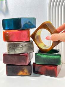 European And American Style Exaggerated Wide Resin Bracelet, Pearlescent Iridescent Marbled Texture Square And Round Vintage Accessory Bangle - Multicolor - View 2