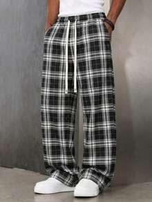 Couples Unisex Casual Home Lounge Pants, Plaid Pattern Wide Leg Pants, Casual Style Pants, 100% Polyester Material, Fashionable And Stylish, Draping Pants, With Drawstring Waistband For Easy Adjustment, Available In Multiple Colors - Black and White - View 3