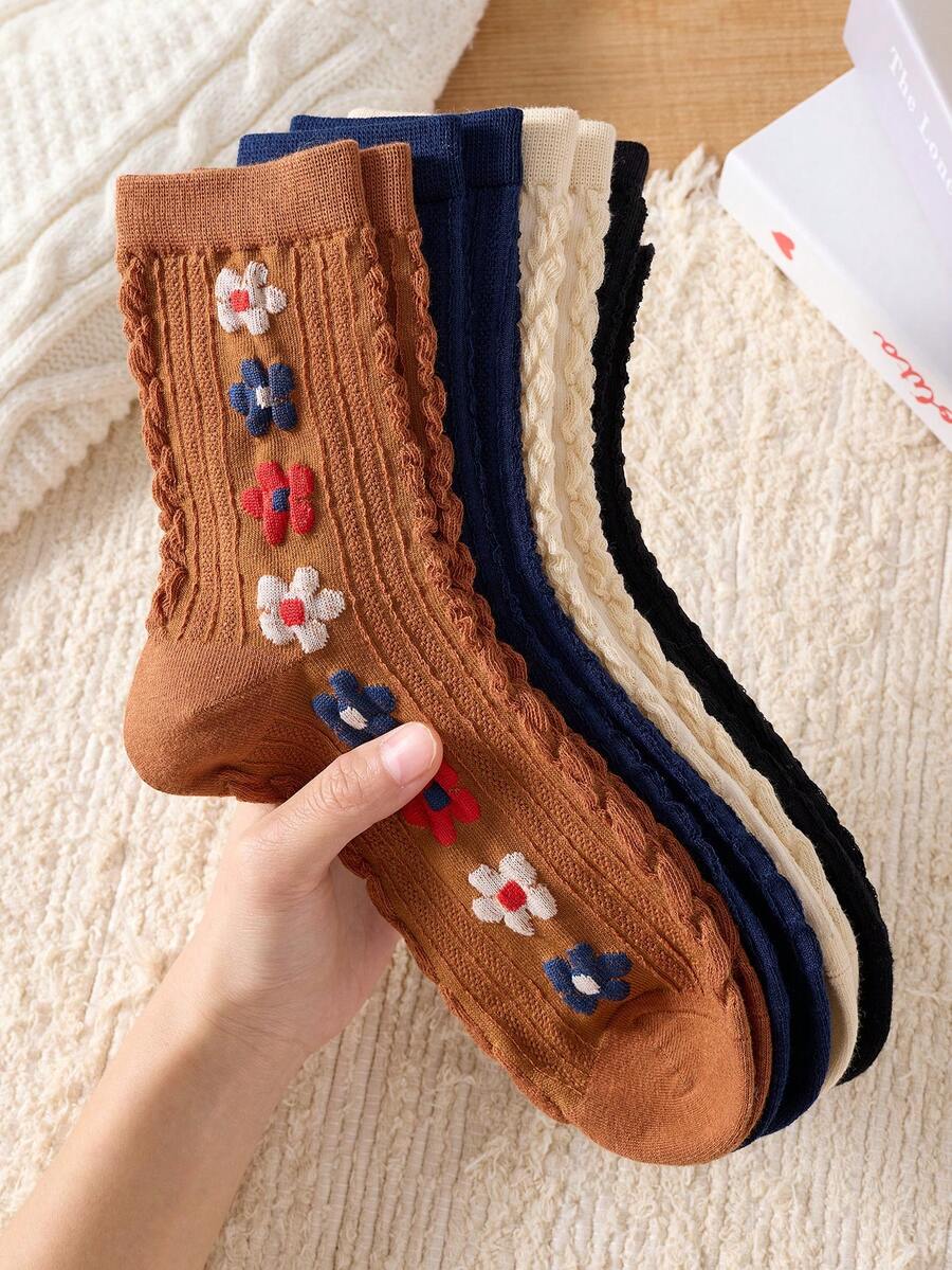 4 Pairs Elegant 3D Floral Pattern Women's Mid-Calf Socks, Non-Slip Soft Comfortable, Suitable For Autumn/Winter - Multicolor - View 1