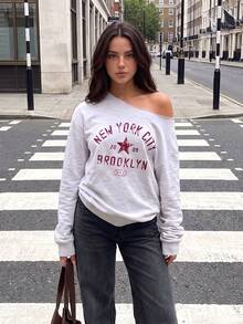 Y2K Grey Asymmetric Neck Red Vintage Letter Print Sweatshirt For Women, Loose Fit Long Sleeve, Casual Commute Back To School Outfit For Autumn - Grey - View 3
