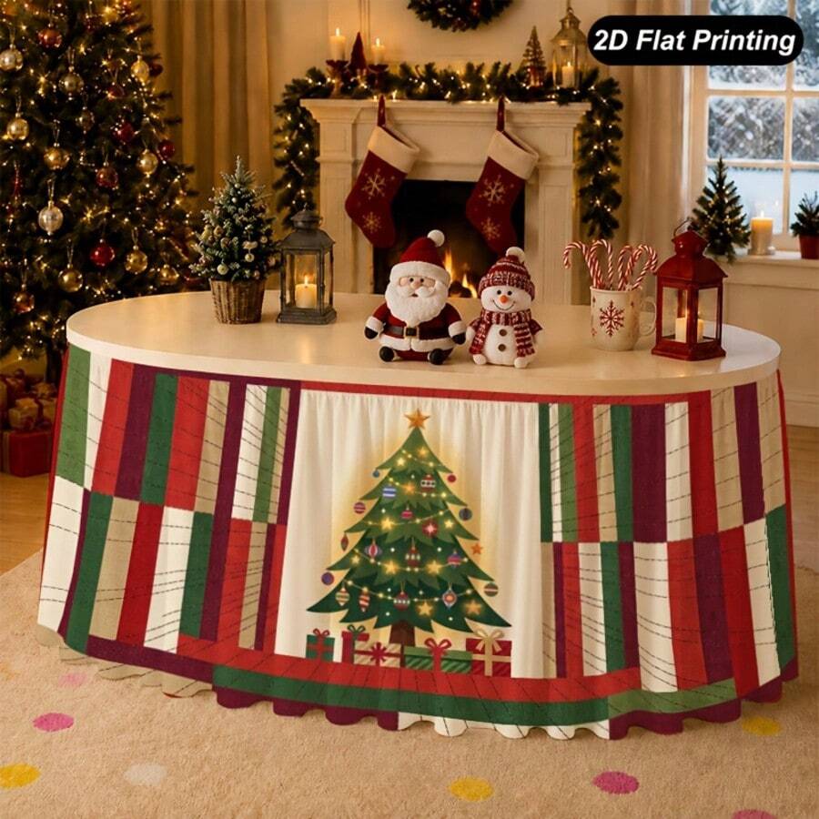 1pc Christmas Tree Striped Patchwork Table Skirt, Perfect For Home Kitchen Christmas Decoration, Family Party Holiday Christmas Decor - A - View 1