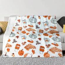 Fall Soft Fleece Throw Blanket, Pumpkin Spice Design, With Pumpkins, Leaves & Coffee Cups, For Living Room Sofa Couch Bed Chair Dorm, Seasonal Gift Or Home Decor - Multicolor - View 8
