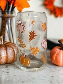 Autumn Atmosphere Glass Straw Cup, Pumpkin & Fallen Leaves Full Print, Bamboo Lid Straw Set, Home & Office Cold Drink Milk Tea Portable Drinking Glass - Multicolor - View 4