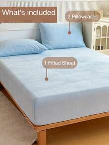 3-Piece Velvet Fitted Sheet Set, Warm And Soft, Solid Color Flannel Fabric, Suitable For King, Queen, Full And Twin Size Beds. Luxurious Ultra Soft Comfortable Fitted Sheet, 12-Inch Deep Pocket Design, Suitable For Autumn, Winter And Spring. Includes Pillowcases, Dust-Proof And Non-Slip, Machine Washable, Ideal Gift Choice For Bedding. Suitable For Twin, Full, King And Queen Size Beds. Mattress Cover Is Machine Washable. - Baby Blue - View 3