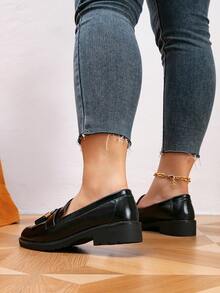 Women's Round Toe Thick Bottom Fringed Chunky Heel Loafers With Wide Width And Flat Sole, For Spring And Autumn Wide Fit - Black - View 5