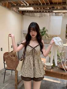 Ditsy Floral Tie-Strap Camisole & Bell Sleeve Cardigan 2-Piece Set For Women, Slimming, Autumn - Picture Color - View 6