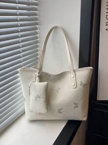 1pc Women's Fashion Commuter Solid Color All-Season Random Print Shoulder Bag, Versatile Large Capacity Butterfly Print Tote Bag, Suitable For Commuting, Travel, Outings - White - View 1