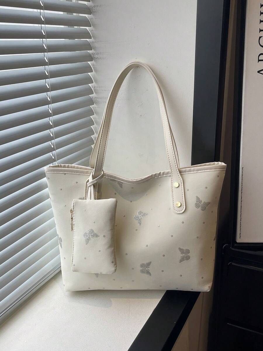 1pc Women's Fashion Commuter Solid Color All-Season Random Print Shoulder Bag, Versatile Large Capacity Butterfly Print Tote Bag, Suitable For Commuting, Travel, Outings - White - View 1