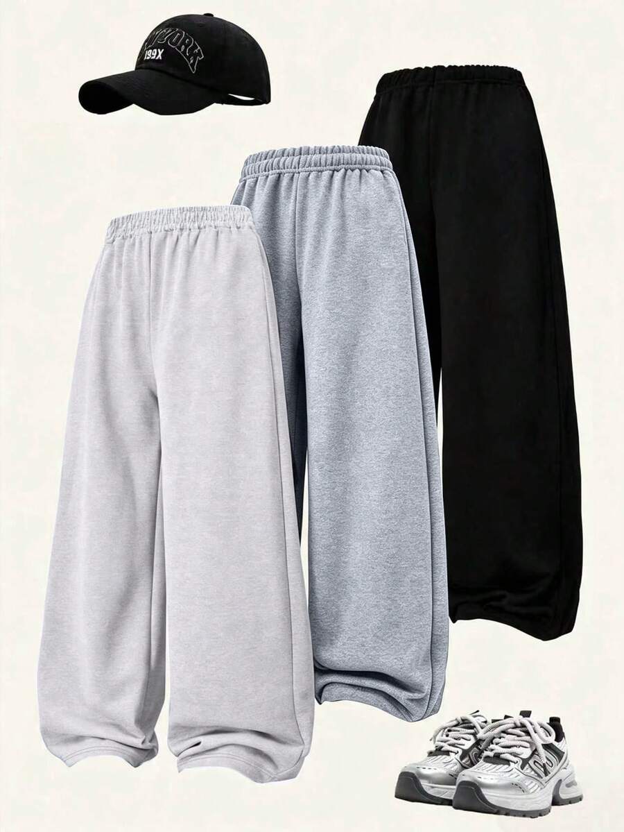 3pcs Girls Casual Wide Leg Pants, Loose Fit Design, Soft And Comfortable, Suitable For Daily Wear, Back To School, Autumn/Winter - Multicolor - View 1