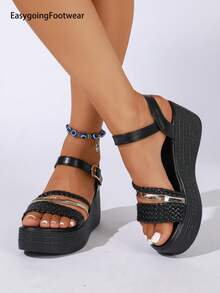 Women's White Fashionable Crossed Elastic Band Comfortable Wedge Sandals,Spring Summer Outfits - Black - View 4