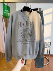 American Vintage FEATHERY Angel Badge Print Heather Grey Crew Neck Sweatshirt, Oversized Loose Drop Shoulder Casual Pullover Top For Autumn/Winter - Light Grey - View 1