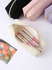 1pc/5pcs Minimalist Corduroy Pencil Case, Solid Color Soft Large Capacity Stationery Storage Bag, Smooth Gold Zipper, Can Store Pencils And Erasers, Suitable For Students' Daily Learning, Desktop Storage, Back To School Essential Stationery - A - View 4