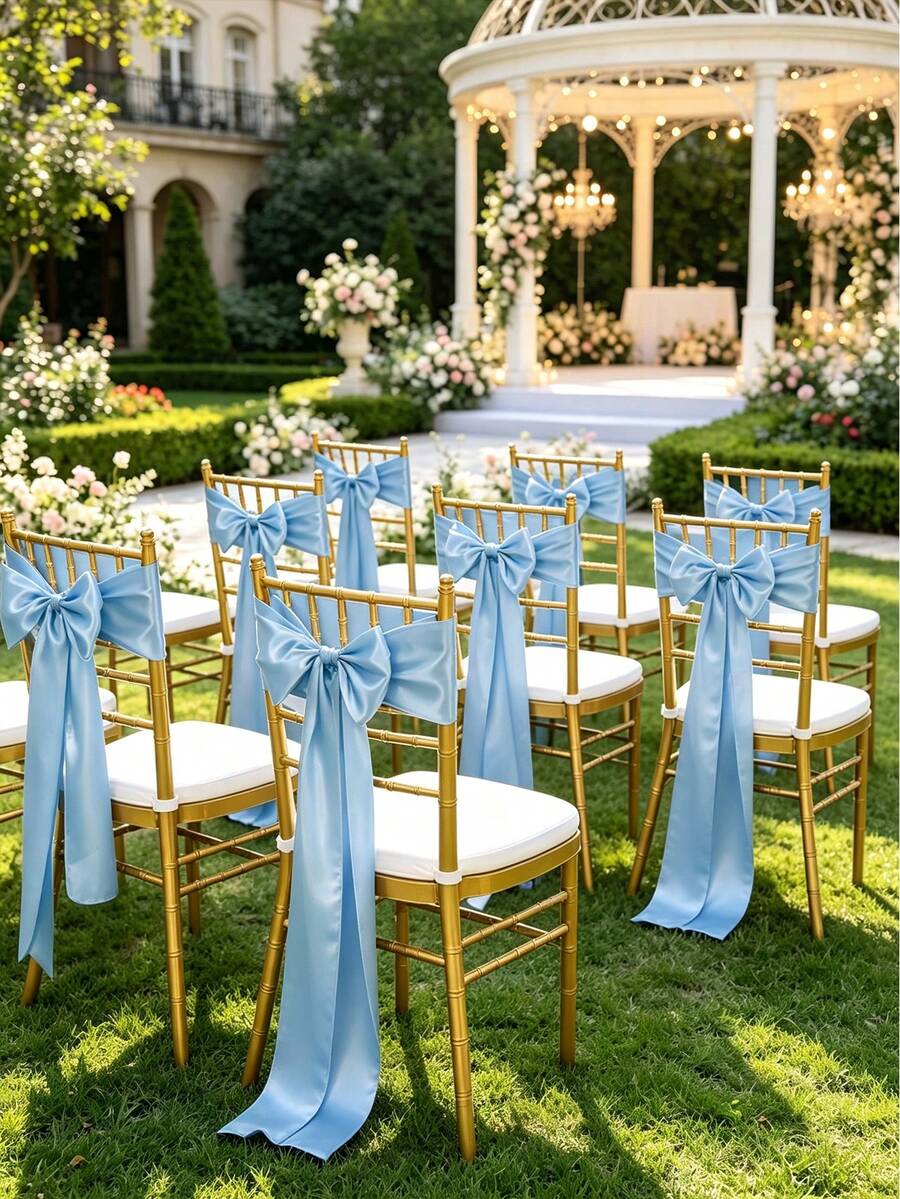 20pcs Wedding Satin Chair Sashes Light Blue Bow 6x 102 Inches (Approx. 15x260 Cm) Ribbon Fabric Band Suitable For Wedding, Banquet, Party, And Other Chair Decoration Satin Ribbon - Baby Blue - View 1