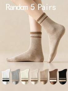 5 Pairs Random Pure Cotton Women's Mid-Calf Socks, Sweat-Absorbent, Anti-Bacterial, Odor-Resistant, Classic Solid Color, Versatile For Home And Sports - Multicolor - View 7