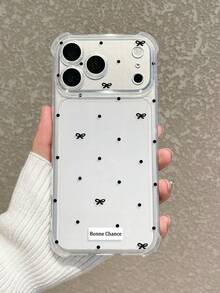 1pc Black Small Polka Dot Bow Bonne Chance French Good Luck Print Transparent Anti-Fall Phone Case, Transparent TPU Soft Shell Full Coverage Anti-Fall, Compatible With IPhone Case & Galaxy Case, Compatible With IPhone 17 17 ProMax 16 15 14 Pro Max, S24 S25 S26 Ultra - Clear - View 1