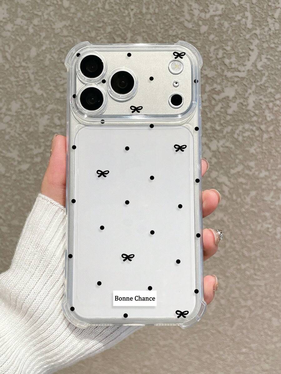 1pc Black Small Polka Dot Bow Bonne Chance French Good Luck Print Transparent Anti-Fall Phone Case, Transparent TPU Soft Shell Full Coverage Anti-Fall, Compatible With IPhone Case & Galaxy Case, Compatible With IPhone 17 17 ProMax 16 15 14 Pro Max, S24 S25 S26 Ultra - Clear - View 1