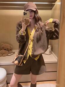 Women's Patchwork Contrast Color 2 In 1 Long Sleeve Button-Up Cardigan, Loose V-Neck Knit Sweater Outerwear Top - Brown - View 3