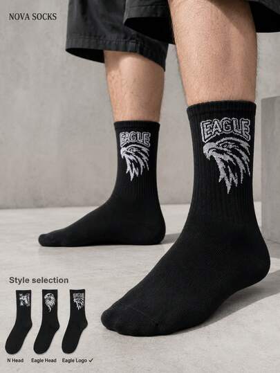 1/3 Pairs Men's Mid-Calf Socks With Lettering, Black Socks, Eagle Pattern, Suitable For Outdoor And Indoor, Unisex, Comfortable Fabric, Fashion, Sports, Gift For Men
