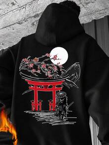 [Men's Plus Size] Men's Autumn/Winter Personalized Apricot Hooded Sweatshirt | Torii Samurai Japanese Style - Black - View 1