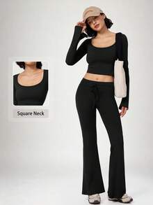 NcmRyu Women's One Set Autumn/Winter Solid Color Short Long Sleeve Drawstring Waist Flare Pants Sports Outfit - Black - View 1