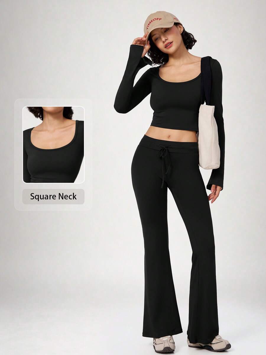 NcmRyu Women's One Set Autumn/Winter Solid Color Short Long Sleeve Drawstring Waist Flare Pants Sports Outfit - Black - View 1