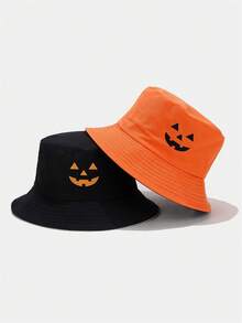1pc Pumpkin Bucket Hat Halloween Orange Hat Men's Personalized Monster Embroidery Reversible Bucket Hat - A - View 1