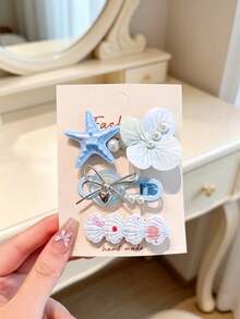 3pcs Ocean Vacation Style Starfish Shell Flower Hair Clip Set, Pearl Floral Side Hair Clips, Sweet Bangs Hair Clips, Suitable For Women - Multicolor - View 5