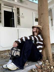Women's Contrast Striped Knit Sweater, Autumn Fashion Elegant Slimming Short Cardigan (Random Stripes) - Brown - View 9