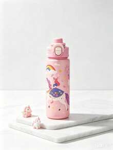 1pc 650ml Cartoon Frosted Sports Water Bottle, Silicone Straw, Leak-Proof Portable Plastic Drinking Cup, Suitable For Children School Outdoor Sports - Pink - View 3
