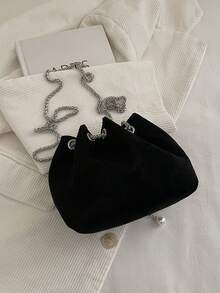 1pc Black Solid Color Faux Suede Bucket Bag Women's Crossbody Bag - Black - View 5