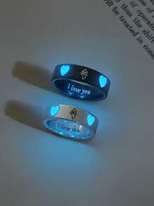 ATLVXJL 2pcs/Set Glow-In-The-Dark Couple/Family/Friendship Rings With Double Heart & Tongue-Out Little Devil Pattern, Silver & Black Stainless Steel, Casual Jewelry Rings For Daily Wear, Halloween And Valentine's Day Gift - Multicolor - View 1