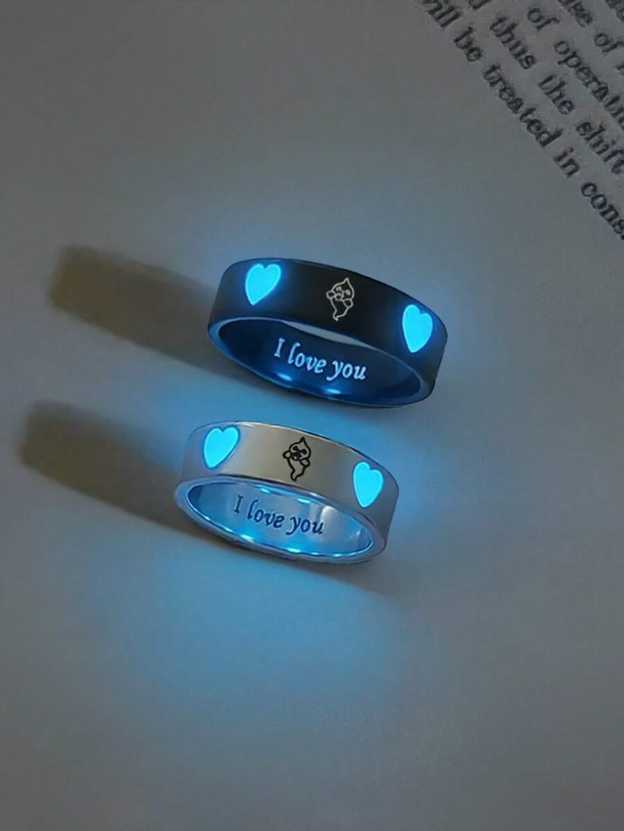 ATLVXJL 2pcs/Set Glow-In-The-Dark Couple/Family/Friendship Rings With Double Heart & Tongue-Out Little Devil Pattern, Silver & Black Stainless Steel, Casual Jewelry Rings For Daily Wear, Halloween And Valentine's Day Gift - Multicolor - View 1