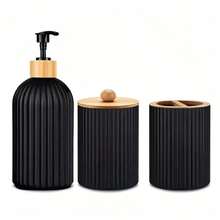 1pc Black Matte Refillable Bathroom Set, Manual Pump Lotion Soap Dispenser, Toothbrush Cup, Toothbrush & Toothpaste Holder - Black - View 3