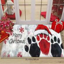 1pc, Personalized Graffiti Paw Print Christmas Doormatwith A Easy Red And Black Snowflake Pattern, Featuringa "Merry Christmas" Welcome Message. This Soft,Absorbent, Non-Slip Mat Is Perfect For The Bathroom,Holiday Kitchen Decor - A - View 6