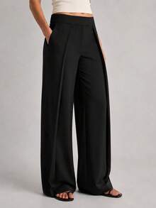 Women's High Waist Pleated Wide Leg Pants With Front Overlay Detail - Black - View 2