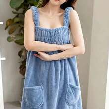 Women's Wearable Bathrobe, Thick Coral Fleece, Absorbent Quick-Dry, Spaghetti Strap Elastic Waist, Home Bathing Wrap Towel - Dusty Blue - View 2