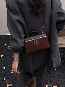 Dedoo 女款 PU 拼接方形斜挎包，臘腸狗吊飾，頂部手柄拉鍊開合，復古女用日常通勤購物旅行包 - 咖啡 - 查看 6
