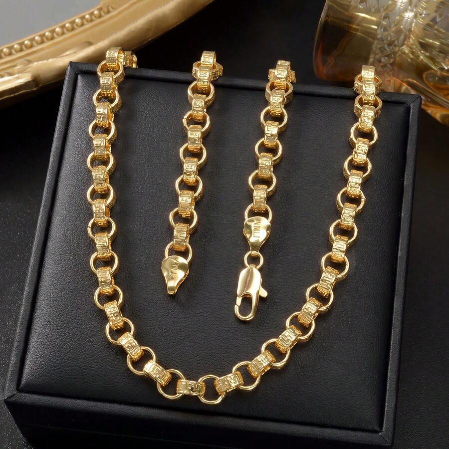Vintage 750 Italian 3D Intertwined Ring Hand-Carved Textured Clavicle Necklace, Hip-Hop Street Style, Suitable For Men's Daily And Party Wear - Gold - View 1