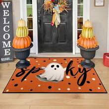 GEL HUT MUN Pauwer Halloween Door Mat Ndoor WelcomeMat, Orange SpookyGhost, Soft, Front Door, Ultra Thin, Pumpkin Doormat,Non Slip, Washable Entryway Rugs For Hallway KitchenHalloween Decor - A - View 2