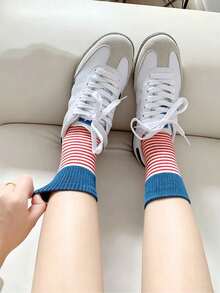 6 Pairs Of Random Women's Casual Striped Calf Socks In Multiple Colors, Retro Colored Long Socks For Comfort, Breathability, And Softness - Multicolor - View 5