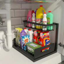 2-Tier Under Sink Storage Rack With Pull-Out Basket, Space-Saving Pipe Design Under Sink Organizer, Drill-Free Sliding Cabinet Storage Rack, Suitable For Kitchen, Bathroom, Cabinet And Cleaning Supplies - Black - View 13