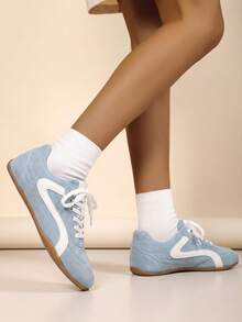 Light Blue Vintage Style Flat Sneakers, Women's Casual Lace-Up Front Shoes - Light Blue - View 6