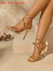 Women's Sexy Lightweight Criss-Cross Strappy Rhinestone Buckle Decor Summer Nightclub Style Versatile Open Toe Formal Ultra High Heels (Runs Small) - Gold - View 5