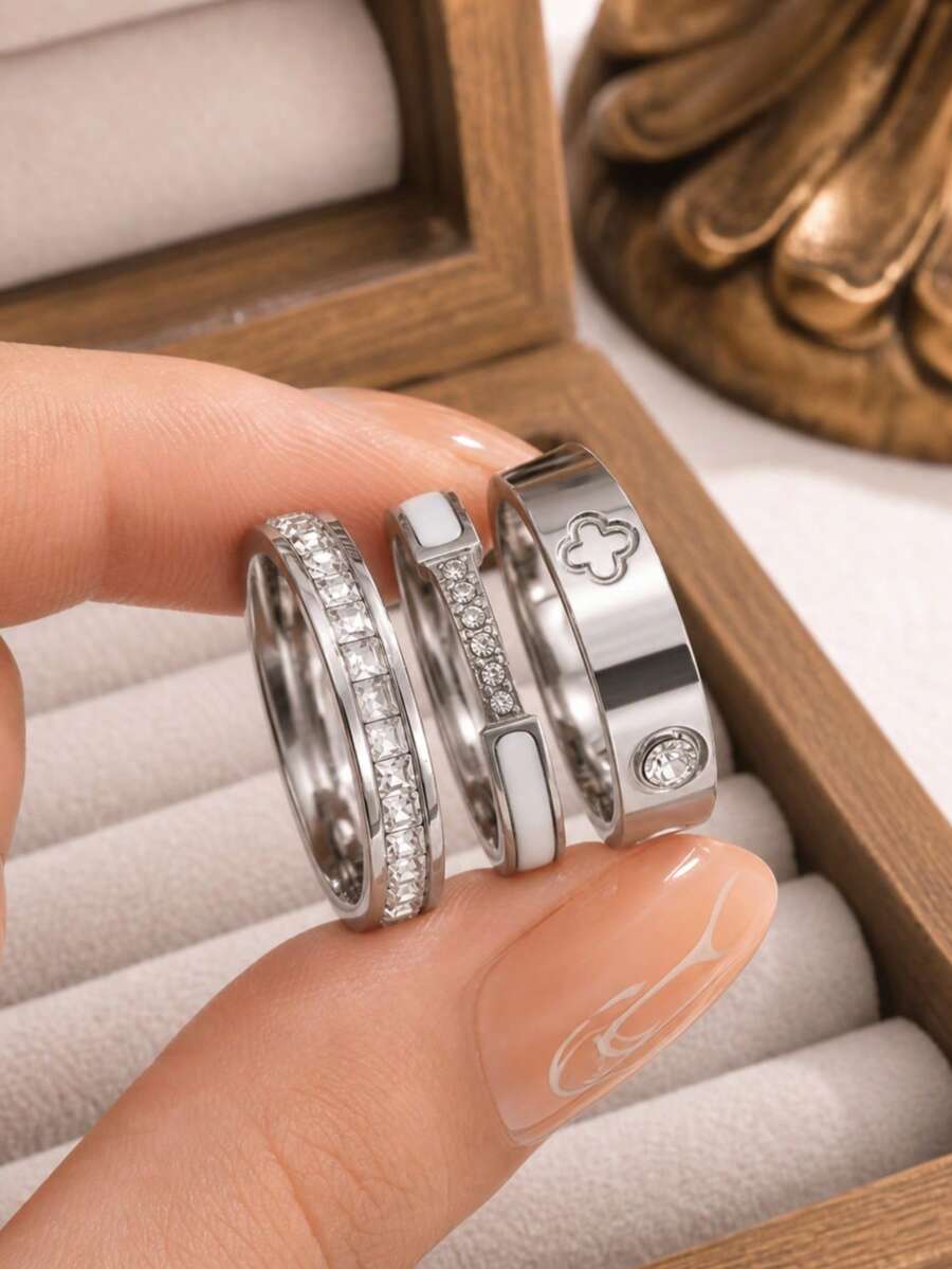 3pcs/1pc Luxury Sparkling Ring Set, Stainless Steel Jewelry Set, Multiple Sizes Available, Solves Your Size Anxiety, Waterproof, Wear-Resistant, Hypoallergenic, Suitable For Women's Daily Wear, Party, Gift, Vacation, Fashion Jewelry - Silver 6 - View 1