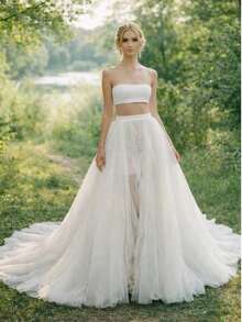 1pc Ivory 5-Layer Detachable Tulle Wedding Overskirt, Long Train Slit Mesh Skirt, Suitable For Outdoor Wedding, Bridal Photography, Ball And Fairy Cosplay Accessory - White - View 1