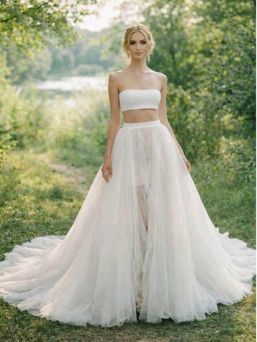 1pc Ivory 5-Layer Detachable Tulle Wedding Overskirt, Long Train Slit Mesh Skirt, Suitable For Outdoor Wedding, Bridal Photography, Ball And Fairy Cosplay Accessory - White - View 1