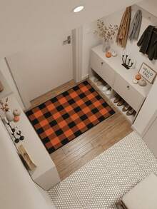 1PC Black & Orange Plaid Classic Pattern Entryway Doormat, Vintage Classic Style Crystal Velvet Rectangular Black & Orange Contrast Stripe Machine Washable Doormat, Suitable For Halloween Party, Entryway, Garden Decor - Multicolor - View 7