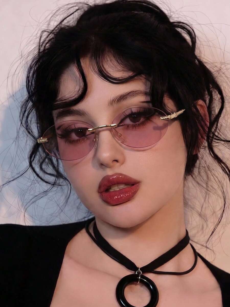 1 Pair Women's Round Rimless Y2K Fashion Glasses - Pink - View 1
