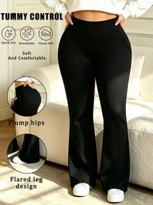 Autumn/Winter New Women's Plus Size Solid Color High Waist Elastic Flare Leggings Slimming Minimalist Versatile Yoga Casual Long Pants Sports Black - Black - View 3