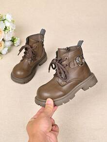 Sepatu bot hitam manis dan keren untuk anak perempuan dengan hiasan renda, emblem, sol tebal, anti selip, dan resleting samping. - Khaki - View 5